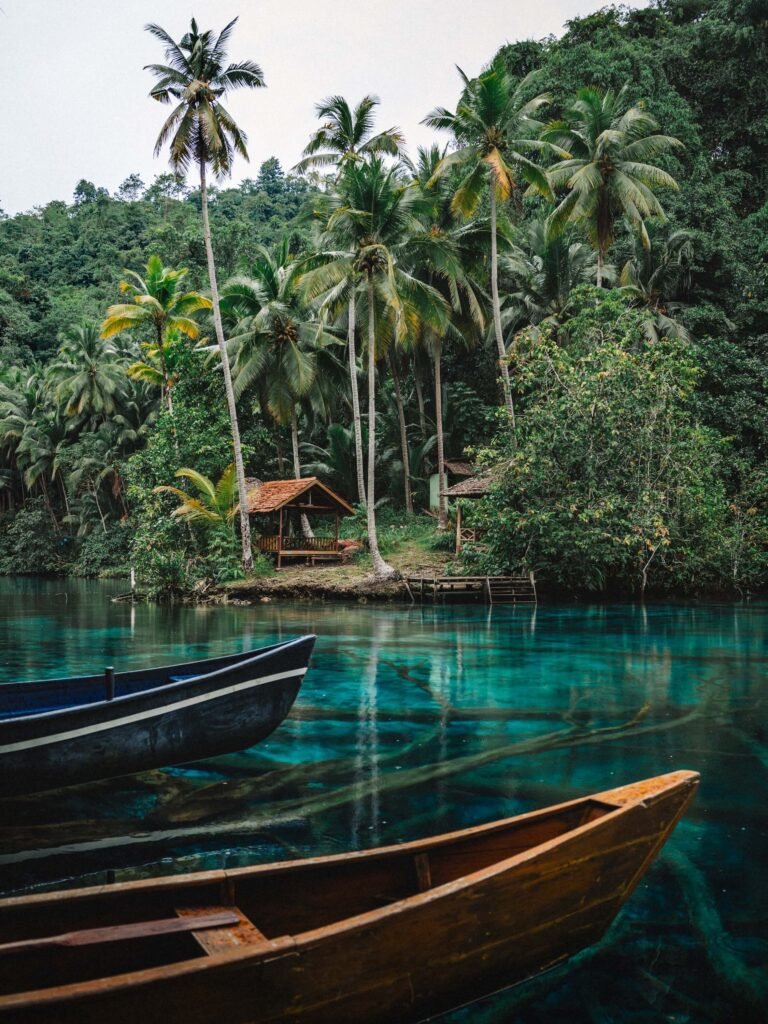 Wooden boats floating on the bright blue water of Paisu Pok Lake with submerged tree trunks visible below.